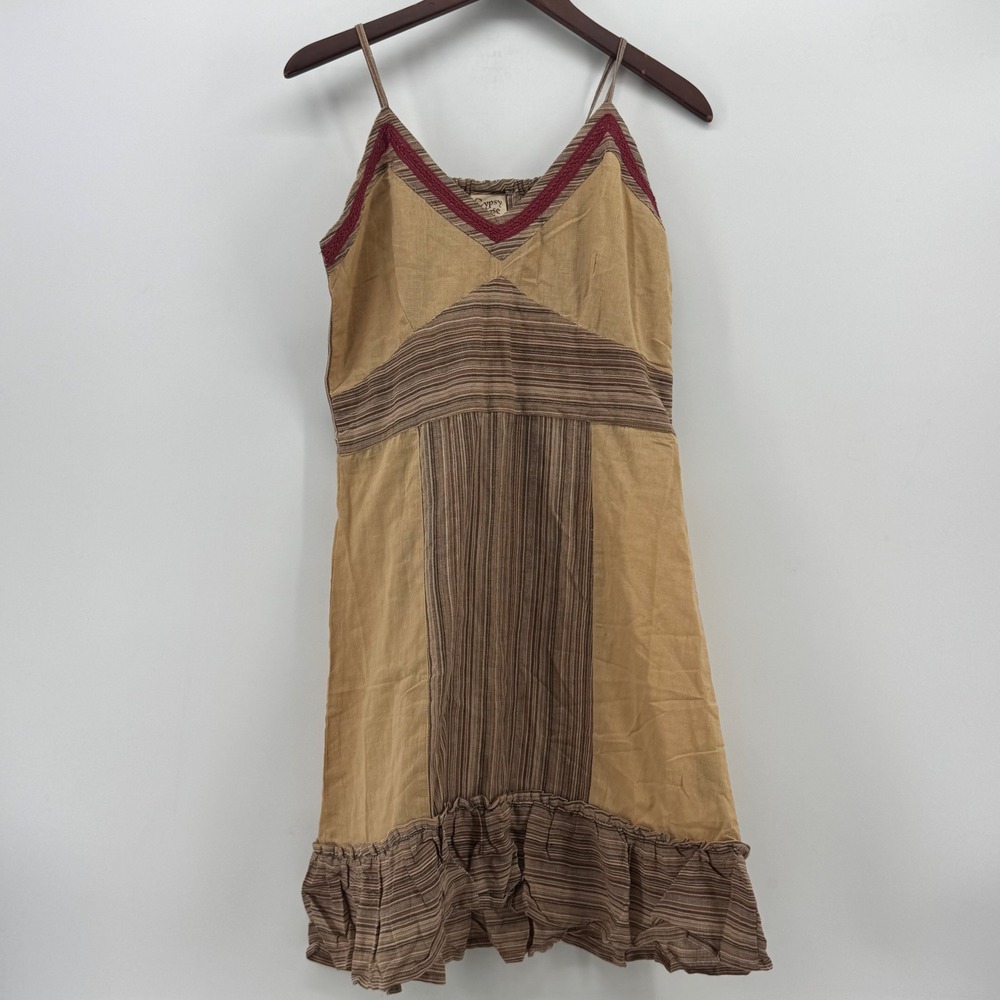 Gypsy Rose‎ Nepal Handcrafted Boho Patchwork Striped Cotton Sun Dress Tan Brown